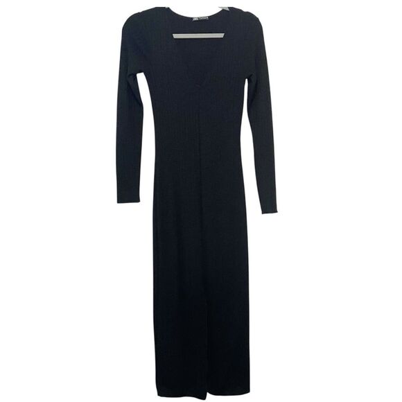 ZARA Black Ribbed Knit Sweater Midi Dress – Long Sleeve V-Neck with Front Slit M - Picture 2 of 14